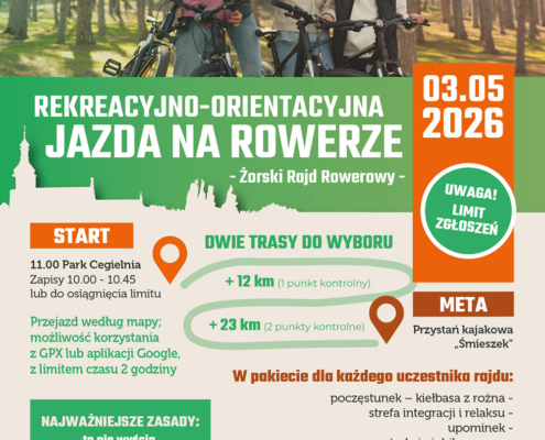 Plakat promujący rekreacyjno-orientacyjną jazdę na rowerze – Żorski Rajd Rowerowy, zawierający trasę, zasady udziału oraz szczegóły organizacyjne wydarzenia.