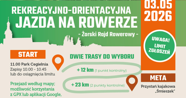 Plakat promujący rekreacyjno-orientacyjną jazdę na rowerze – Żorski Rajd Rowerowy, zawierający trasę, zasady udziału oraz szczegóły organizacyjne wydarzenia.