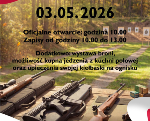 Plakat zapraszający na otwarte zawody strzeleckie z okazji rocznicy uchwalenia Konstytucji 3 Maja, zawierający datę wydarzenia, godziny zapisów oraz dodatkowe atrakcje.