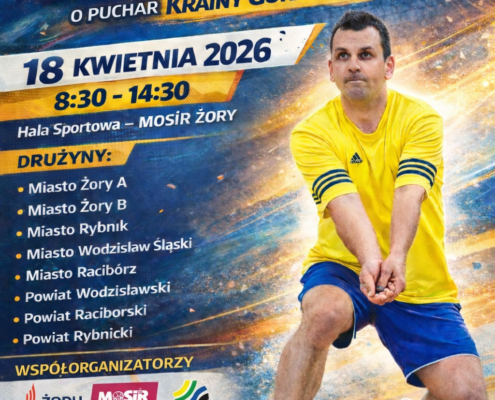 Plakat promujący VII Turniej Siatkówki Samorządowców Subregionu Zachodniego o Puchar Krainy Górnej Odry, zawierający termin, miejsce oraz listę uczestniczących drużyn.