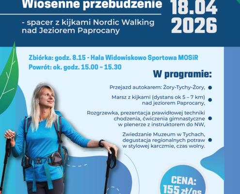 Plakat informacyjny wydarzenia „Wiosenne przebudzenie” z okazji 35-lecia MOSiR Żory, przedstawiający program wyjazdu na spacer Nordic Walking nad Jeziorem Paprocany wraz z najważniejszymi informacjami organizacyjnymi.