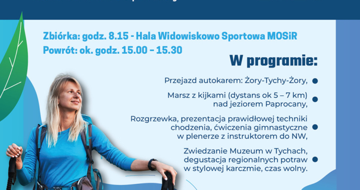 Plakat informacyjny wydarzenia „Wiosenne przebudzenie” z okazji 35-lecia MOSiR Żory, przedstawiający program wyjazdu na spacer Nordic Walking nad Jeziorem Paprocany wraz z najważniejszymi informacjami organizacyjnymi.