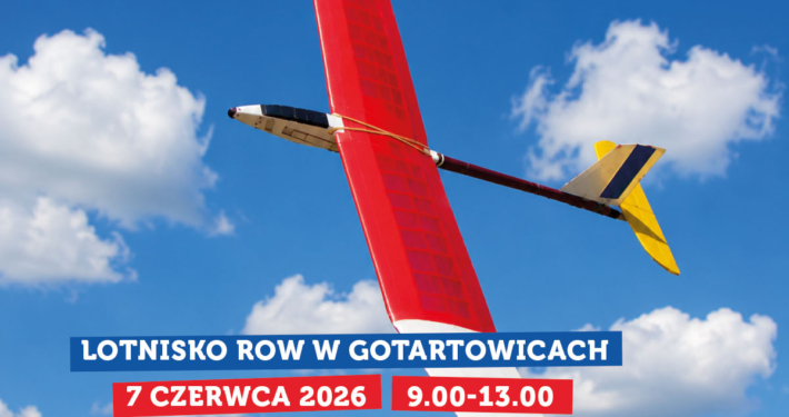 Plakat promuje wydarzenie „Młodzi modelarze i lotnicy na start” organizowane z okazji Dnia Dziecka i 35-lecia MOSiR Żory. Na grafice widoczny jest model szybowca na tle nieba i lotniska oraz informacje o terminie, miejscu i kategoriach zawodów modelarskich dla dzieci i młodzieży.