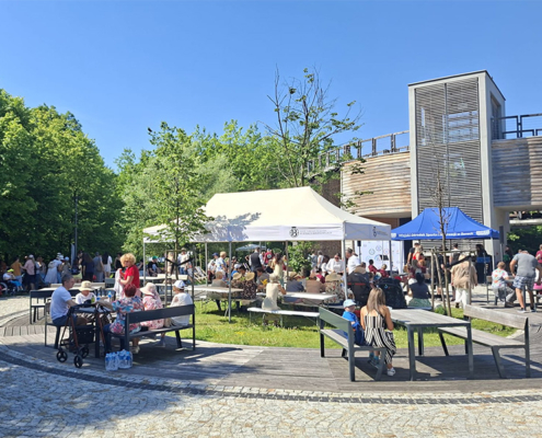 Galeria zdjęć z wydarzenia plenerowego. Widoczni są uczestnicy spędzający czas przy tężni, występ muzyczny, stoiska, namioty oraz przestrzeń rekreacyjna otoczona zielenią.