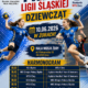 Plakat sportowy w niebiesko-żółtej kolorystyce z dynamicznymi grafikami zawodniczek piłki ręcznej. Widoczne są logotypy, elementy graficzne piłek oraz tabela z informacjami w dolnej części.