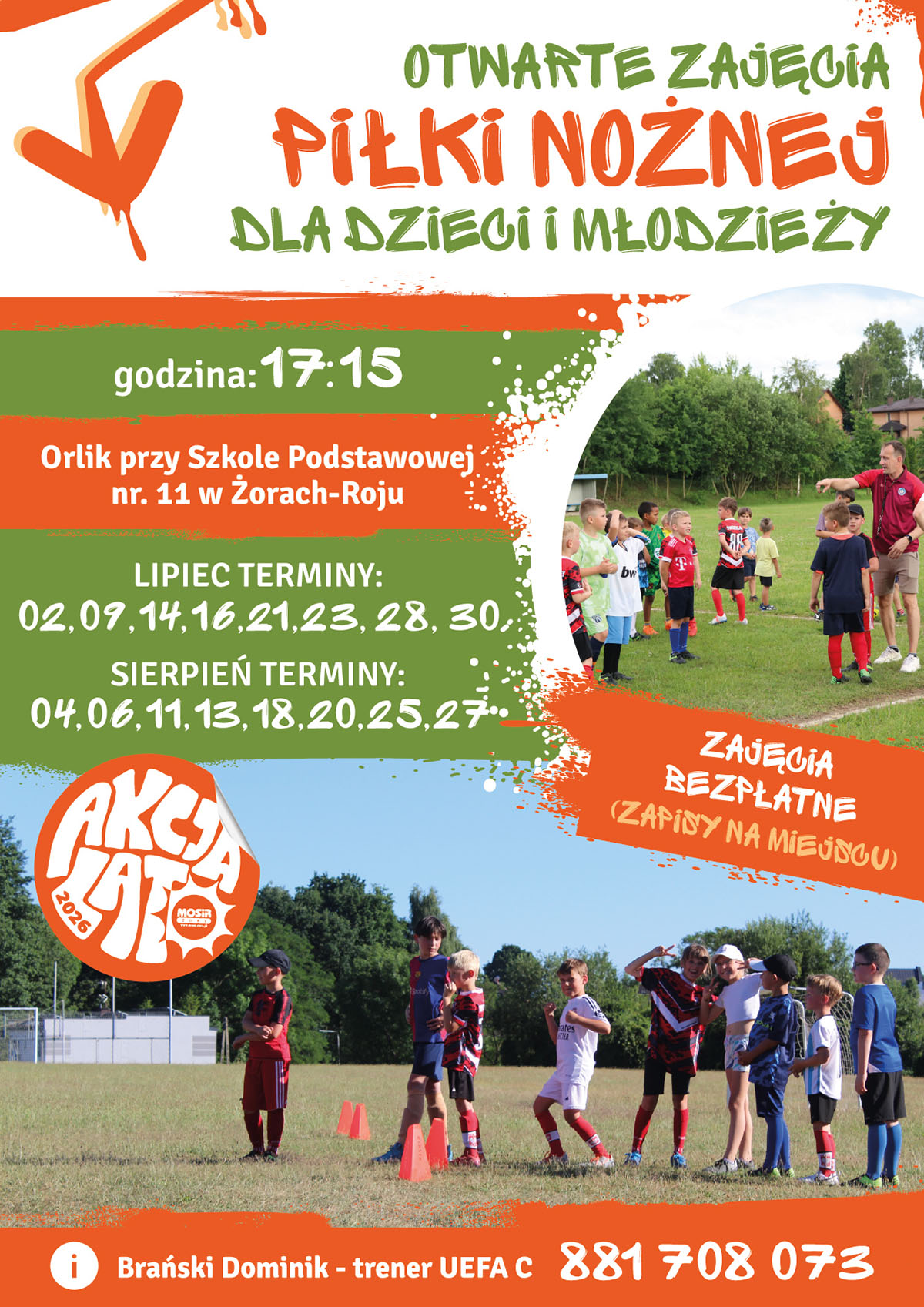 Plakat promujący letnie zajęcia piłki nożnej dla dzieci i młodzieży. Na grafice widoczne są fotografie dzieci ćwiczących z trenerem na boisku oraz kolorowe elementy graficzne w odcieniach zieleni i pomarańczu.