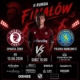 Plakat sportowy w ciemnej czerwono-czarnej kolorystyce. W centrum widoczny jest zawodnik piłki nożnej, po bokach znajdują się herby drużyn, a całość uzupełniają efekty świetlne oraz logotypy w dolnej części grafiki.