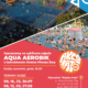 Plakat promujący zajęcia aqua aerobiku z fotografiami kąpieliska oraz uczestników ćwiczących wspólnie w wodzie. Grafika utrzymana jest w czerwono-żółtej kolorystyce z elementami identyfikacji wizualnej Rajskiej Fali.
