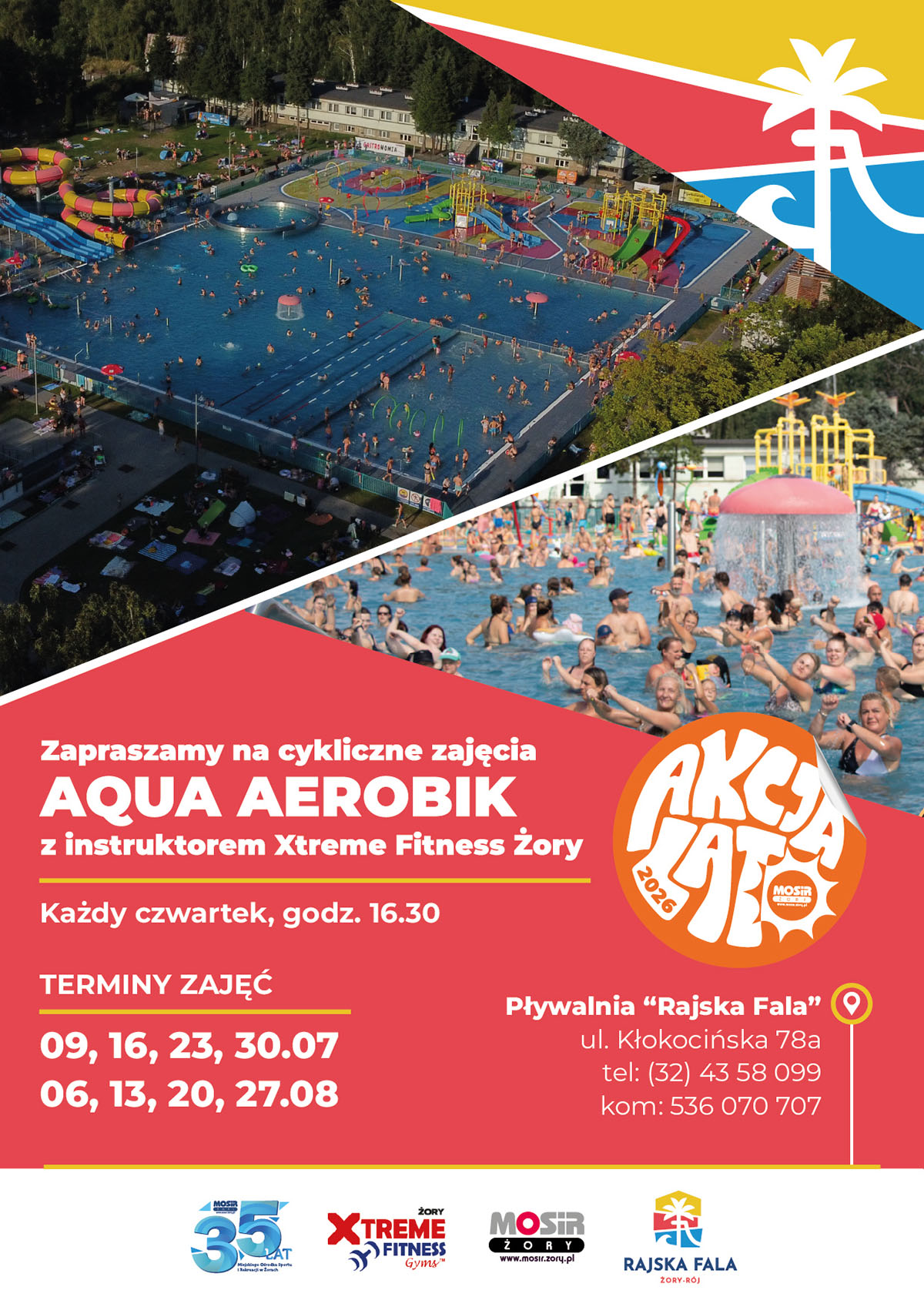 Plakat promujący zajęcia aqua aerobiku z fotografiami kąpieliska oraz uczestników ćwiczących wspólnie w wodzie. Grafika utrzymana jest w czerwono-żółtej kolorystyce z elementami identyfikacji wizualnej Rajskiej Fali.