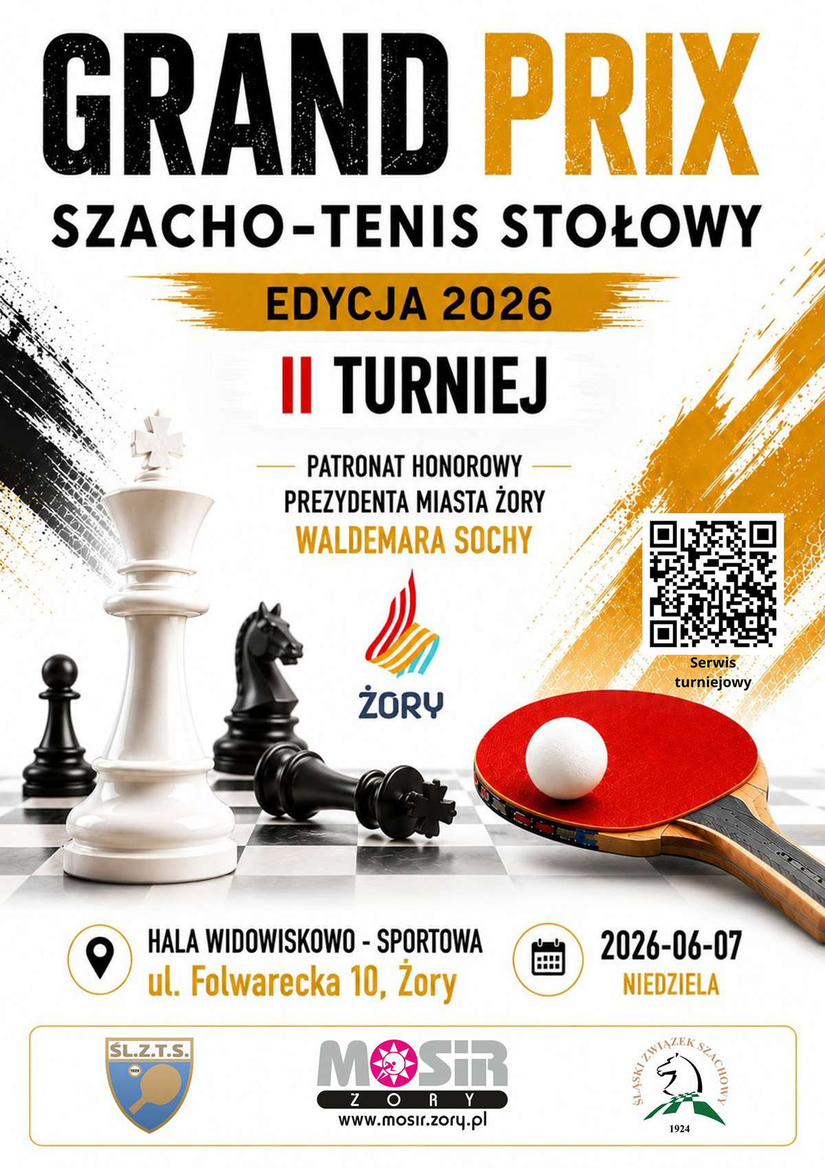 Grafika promująca turniej Grand Prix Szacho-Tenisa Stołowego. Widoczne są elementy szachowe, rakietka do tenisa stołowego, informacje o wydarzeniu oraz logotypy organizatorów.