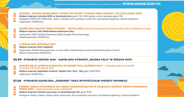 Plakat w niebiesko-pomarańczowej kolorystyce z logotypami u góry i listą informacji w centralnej części. Po bokach widoczne są letnie ilustracje nawiązujące do słońca, wody i natury.