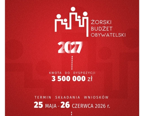 Czerwony plakat informacyjny z minimalistyczną grafiką. Na środku widoczny jest biały symbol z postaciami, duże elementy tekstowe oraz pionowa linia dekoracyjna prowadząca przez układ projektu.