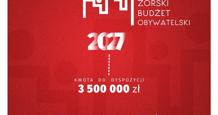 Czerwony plakat informacyjny z minimalistyczną grafiką. Na środku widoczny jest biały symbol z postaciami, duże elementy tekstowe oraz pionowa linia dekoracyjna prowadząca przez układ projektu.