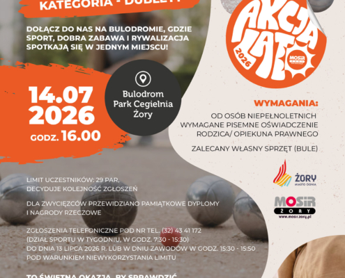 Galeria plakatu promującego otwarty turniej gry w bule, przedstawiającego zdjęcia zawodników podczas rozgrywki oraz elementy związane z grą na bulodromie.