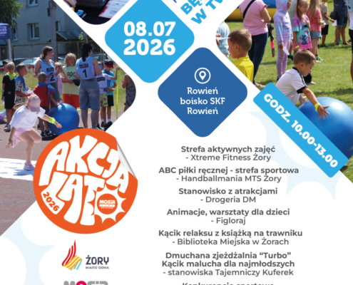 Plakat promujący wydarzenie „Strefa Sportowa – Ruch, Emocje, Uśmiech – Będziemy w Twojej Dzielnicy” w ramach Akcji Lato 2026. Grafika zawiera zdjęcia dzieci uczestniczących w konkurencjach sportowych, animacjach i zabawach plenerowych oraz informacje o terminie i miejscu wydarzenia na boisku SKF Rowień w Żorach.