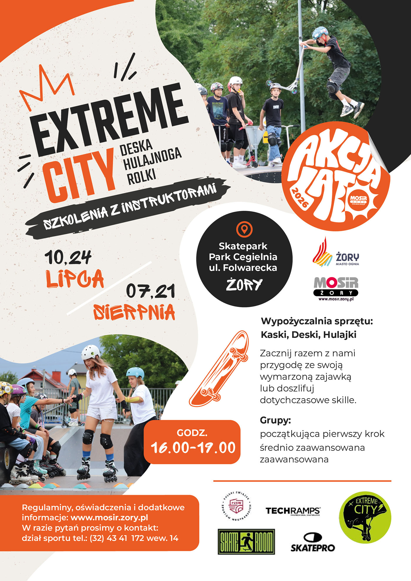 Plakat promujący bezpłatne szkolenia Extreme City w ramach Akcji Lato 2026. Grafika przedstawia zajęcia z jazdy na hulajnogach, deskorolce i rolkach prowadzone przez instruktorów w skateparku Park Cegielnia w Żorach oraz zawiera informacje o terminach, godzinach i poziomach zaawansowania uczestników.