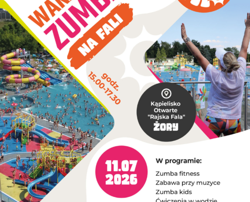 Plakat promujący Wakacyjną Zumbę na Fali organizowaną w ramach Akcji Lato 2026. Grafika przedstawia Pływalnię „Rajska Fala”, instruktorkę prowadzącą zajęcia oraz informacje o terminie, miejscu i programie wydarzenia obejmującym zumbę, ćwiczenia w wodzie, zabawy przy muzyce i konkursy z upominkami.