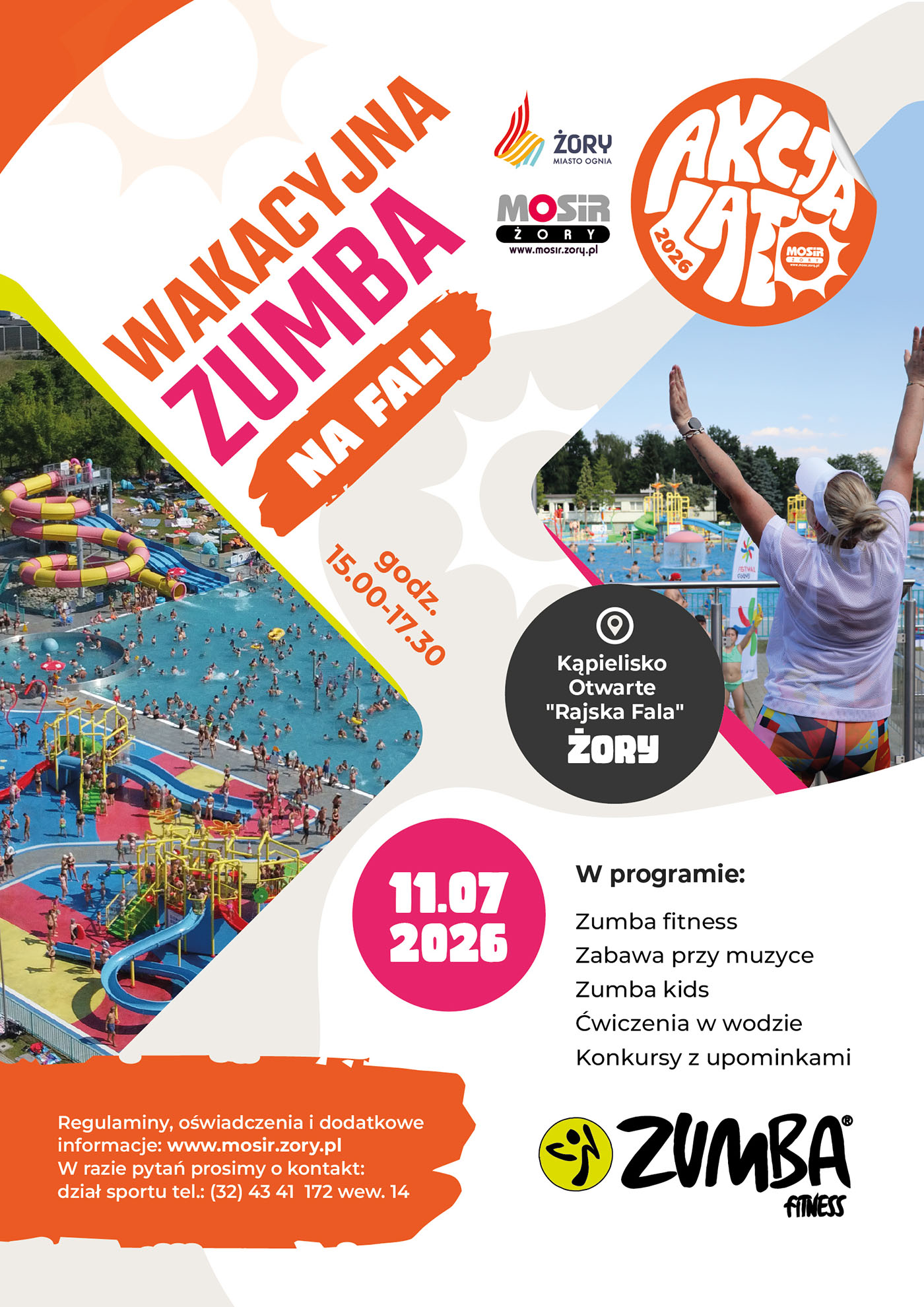 Plakat promujący Wakacyjną Zumbę na Fali organizowaną w ramach Akcji Lato 2026. Grafika przedstawia Pływalnię „Rajska Fala”, instruktorkę prowadzącą zajęcia oraz informacje o terminie, miejscu i programie wydarzenia obejmującym zumbę, ćwiczenia w wodzie, zabawy przy muzyce i konkursy z upominkami.