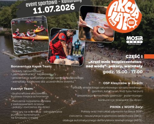 Galeria plakatów promujących wydarzenie „Kierunek Śmieszek 2026”, prezentująca program dzienny z atrakcjami sportowo-edukacyjnymi oraz wieczorną strefę muzyczną ZORA ELEVATE nad kąpieliskiem Śmieszek w Żorach.